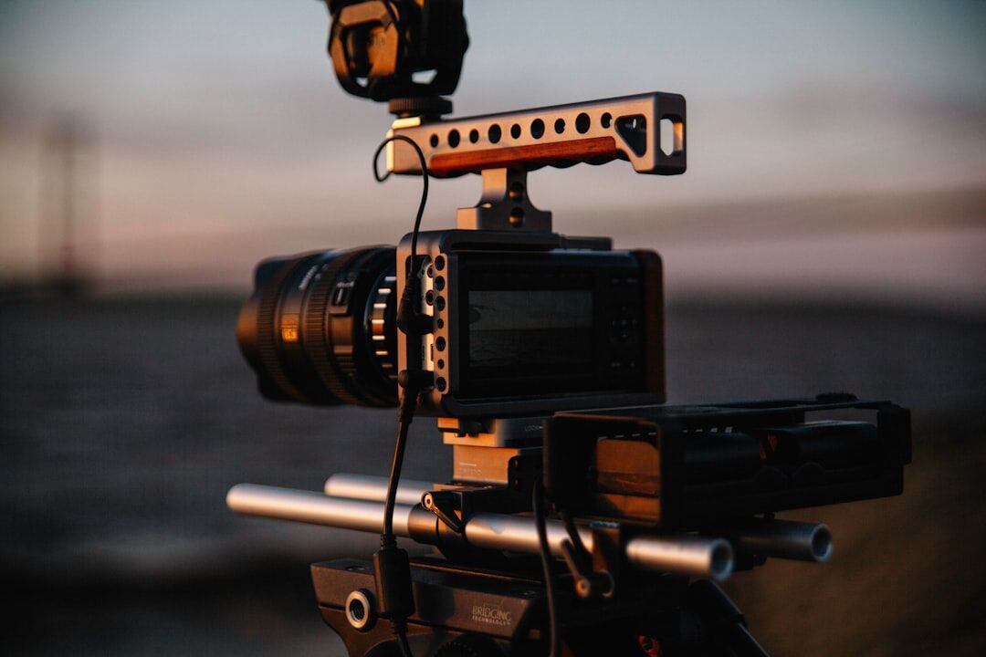 Close up of a professional video camera lens and rig